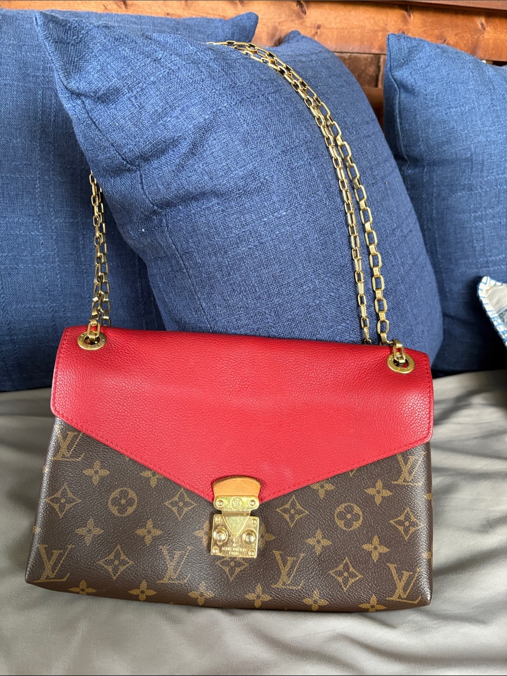 Louis Vuitton Monogram Pallas Gold Chain Bag with Cerise Red Leather Flap